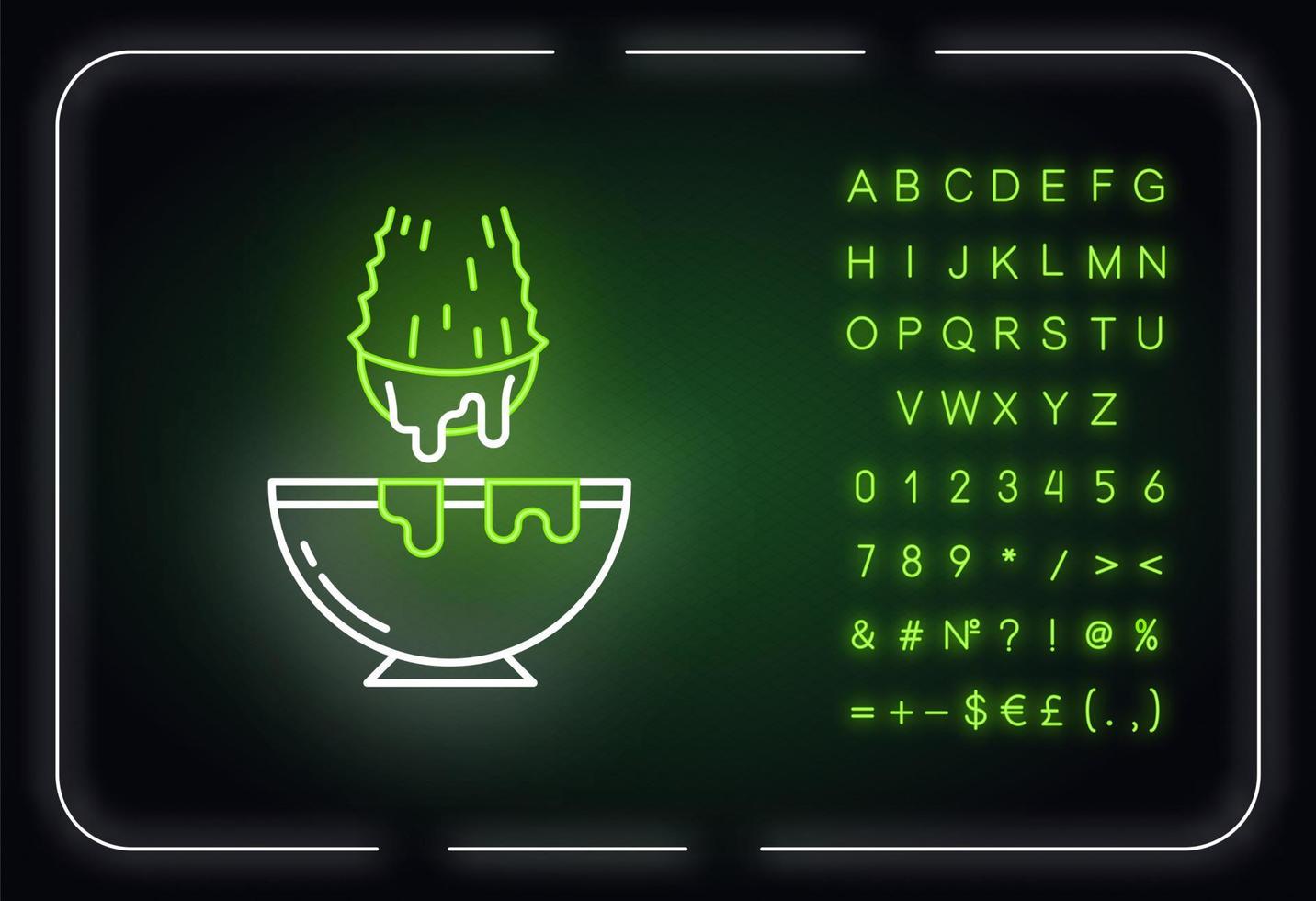 Schneiden Sie Aloe Vera sprießen Neonlicht-Symbol. Heilkräuterextrakt in Schüssel. organische Pflanzenflüssigkeit im Glas. äußerer Leuchteffekt. Schild mit Alphabet, Zahlen und Symbolen. Vektor-isolierte RGB-Farbabbildung vektor