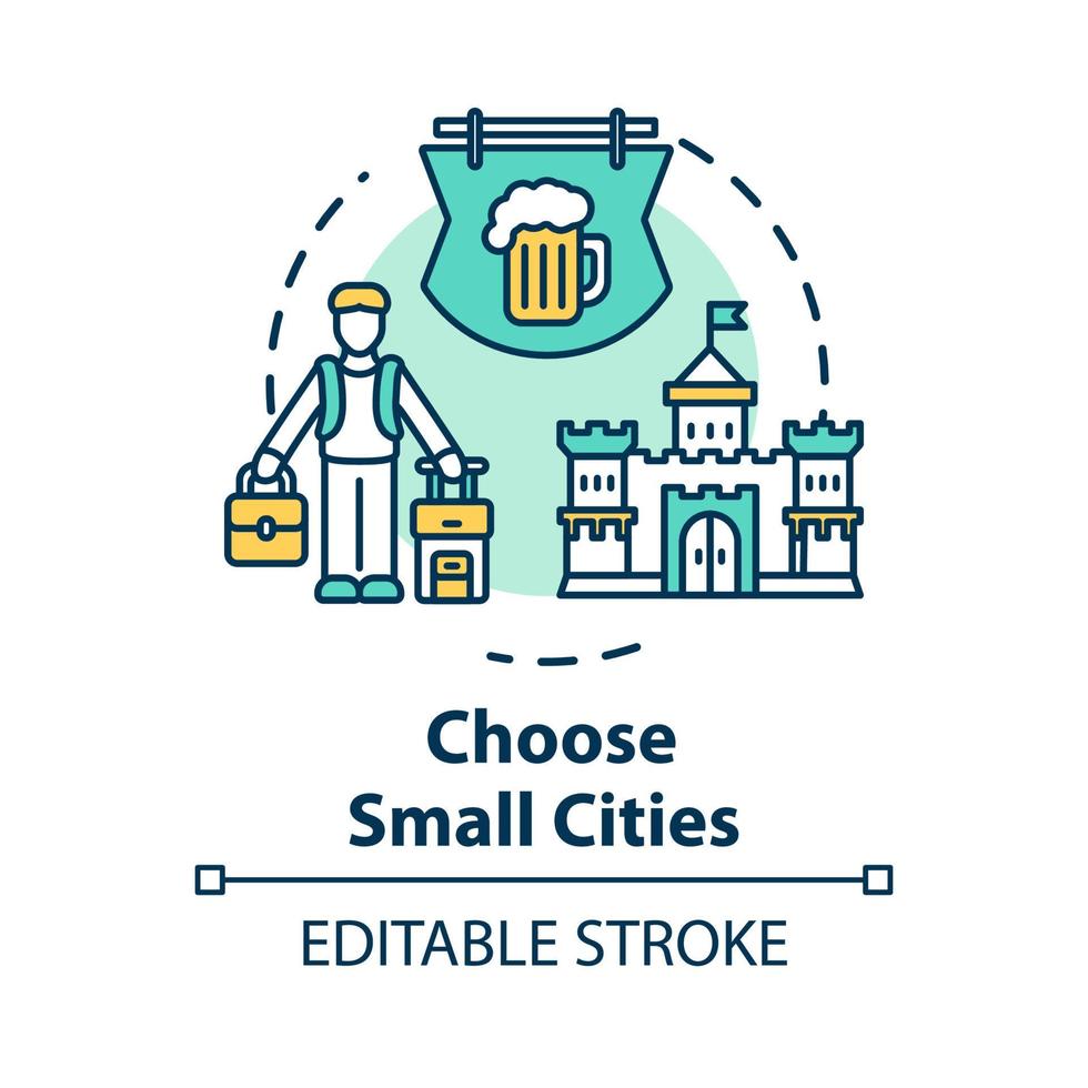 välja små städer koncept ikon. överkomliga resor, små städer besök idé tunn linje illustration. inhemsk kulturupplevelse. vektor isolerade kontur rgb färg ritning. redigerbar linje