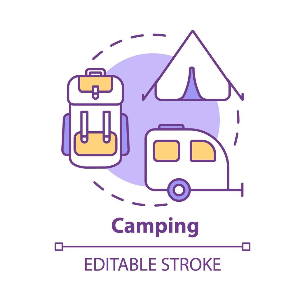 Symbol für Campingkonzept. Erholung im Freien, Rucksackreisen, Wanderidee dünne Linie Illustration. Budget-Tourismus, erschwinglicher Urlaub. Vektor isolierte Umriss-RGB-Farbzeichnung. bearbeitbarer Strich