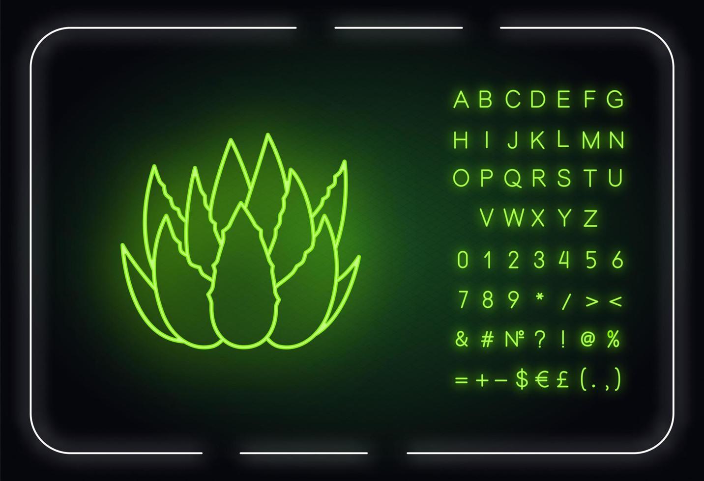 Kaktus sprießt Neonlicht-Symbol. Aloe-Vera-Blätter. wachsende Heilpflanze. botanische Zutat. äußerer Leuchteffekt. Schild mit Alphabet, Zahlen und Symbolen. Vektor-isolierte RGB-Farbabbildung vektor