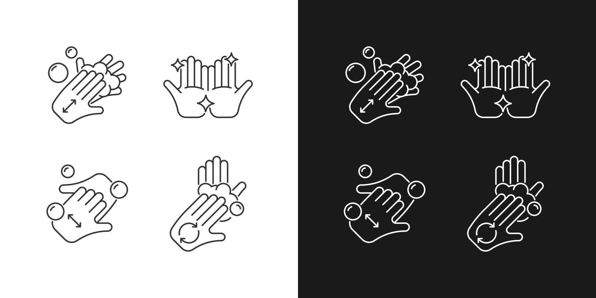 tvättinstruktioner linjära ikoner inställda för mörkt och ljust läge. gnugga ihop handflatorna med tvål. kopp fingrar. anpassningsbara symboler för tunna linjer. isolerade vektor kontur illustrationer. redigerbar linje