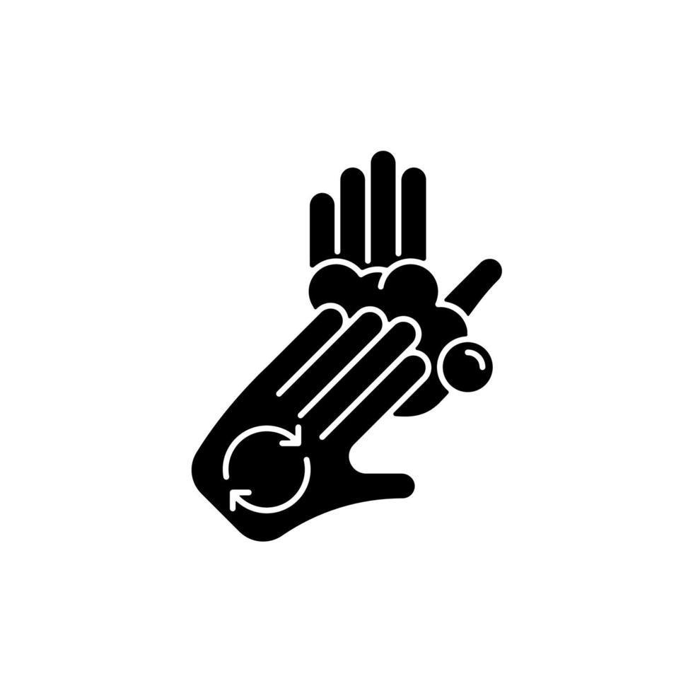 Handflächen mit Fingern reiben schwarzes Glyphensymbol. regelmäßiges Händewaschen. Hände mit Seifenschaum bedecken. schäumende Handflächen mit den Fingerspitzen. Silhouette-Symbol auf Leerzeichen. isolierte Vektorgrafik vektor