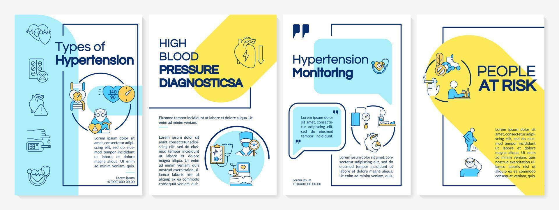 Broschürenvorlage für Bluthochdrucktypen. Blutdrucküberwachung. Flyer, Broschüre, Broschürendruck, Cover-Design mit linearen Symbolen. Vektorlayouts für Präsentationen, Geschäftsberichte, Anzeigenseiten vektor