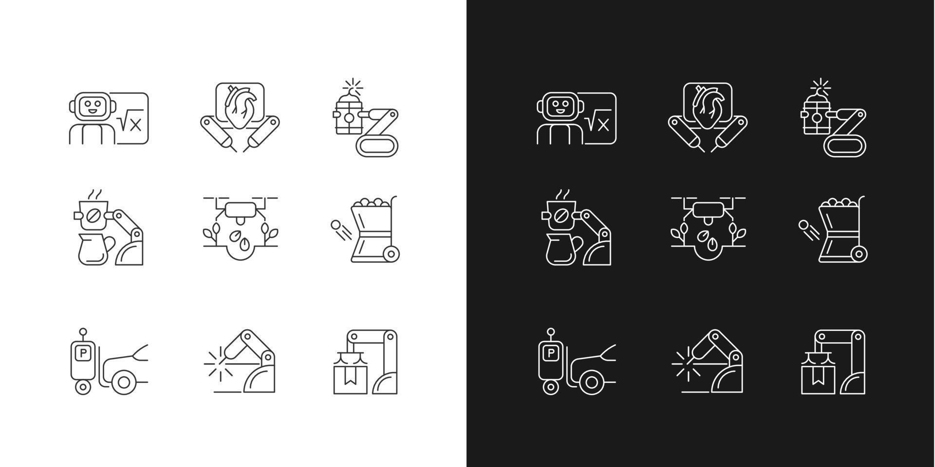 Lineare Symbole der führenden Technologien für den dunklen und hellen Modus. autonome Roboter. industrielle Automatisierung. anpassbare dünne Liniensymbole. isolierte Vektorgrafiken. bearbeitbarer Strich vektor