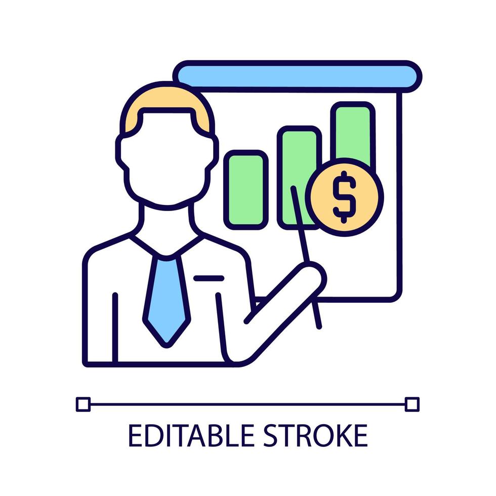 Business-Lehrer-RGB-Farbsymbol. Verwaltungs- und Managementpädagogin. Dozent für Finanzbuchhaltung. kaufmännischer Trainer. isolierte Vektor-Illustration. einfache gefüllte Strichzeichnung. bearbeitbarer Strich vektor