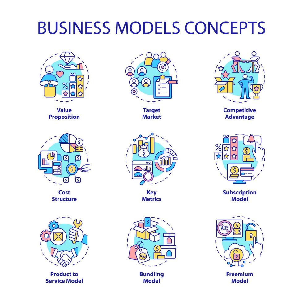 affärsmodeller koncept ikoner set. värde proposition. målmarknad. konkurrensfördel. företagsidé tunn linje färgillustrationer. vektor isolerade konturritningar. redigerbar linje