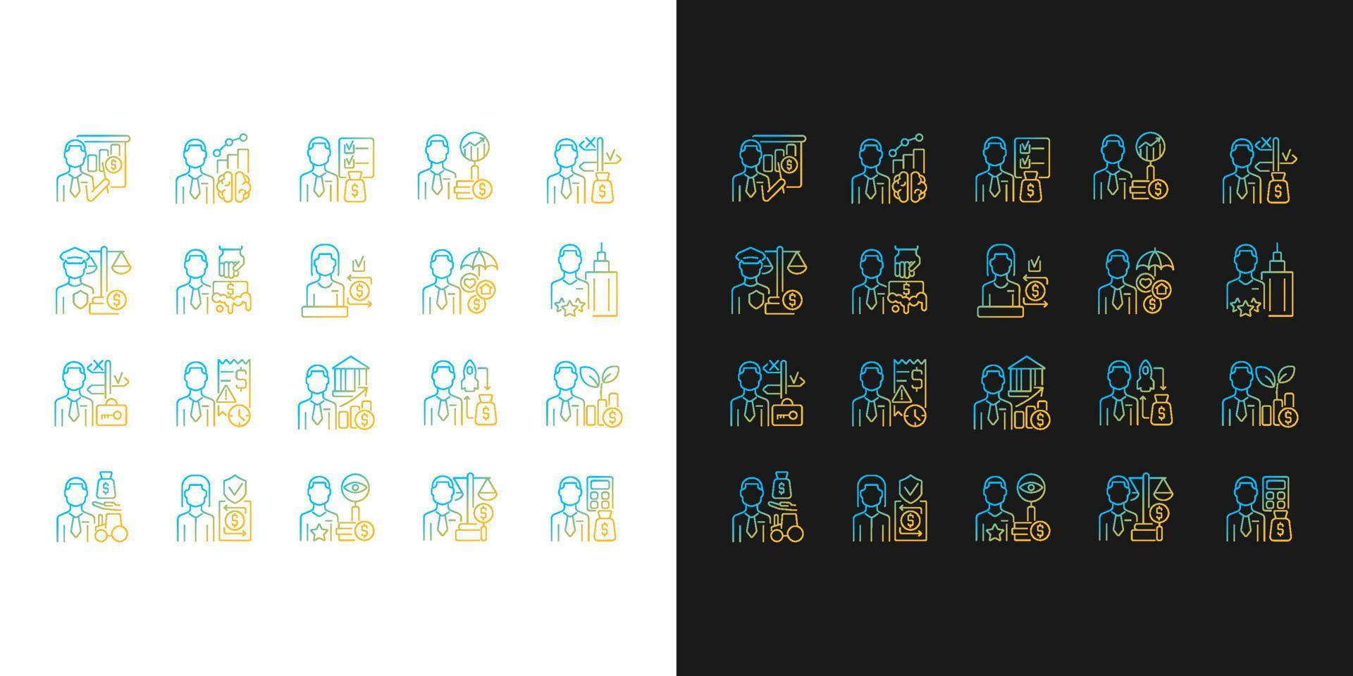 Finanzkarrieren und Jobs mit Farbverlaufssymbolen für den dunklen und hellen Modus. Spezialisten im Finanzbereich. Bündel von dünnen Kontursymbolen. isolierte Vektor-Umriss-Illustrationen-Sammlung auf Schwarz und Weiß vektor