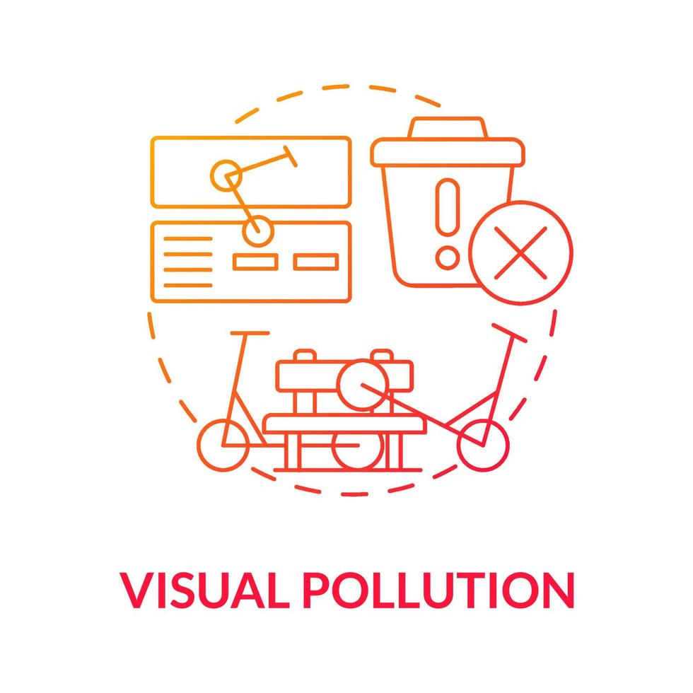 Symbol für visuelle Verschmutzung mit rotem Farbverlauf. Roller Sharing Problem abstrakte Idee dünne Linie Illustration. E-Scooter auf Gehwegen stehen lassen. visuelle Unordnung. Vektor isolierte Umriss-Farbzeichnung