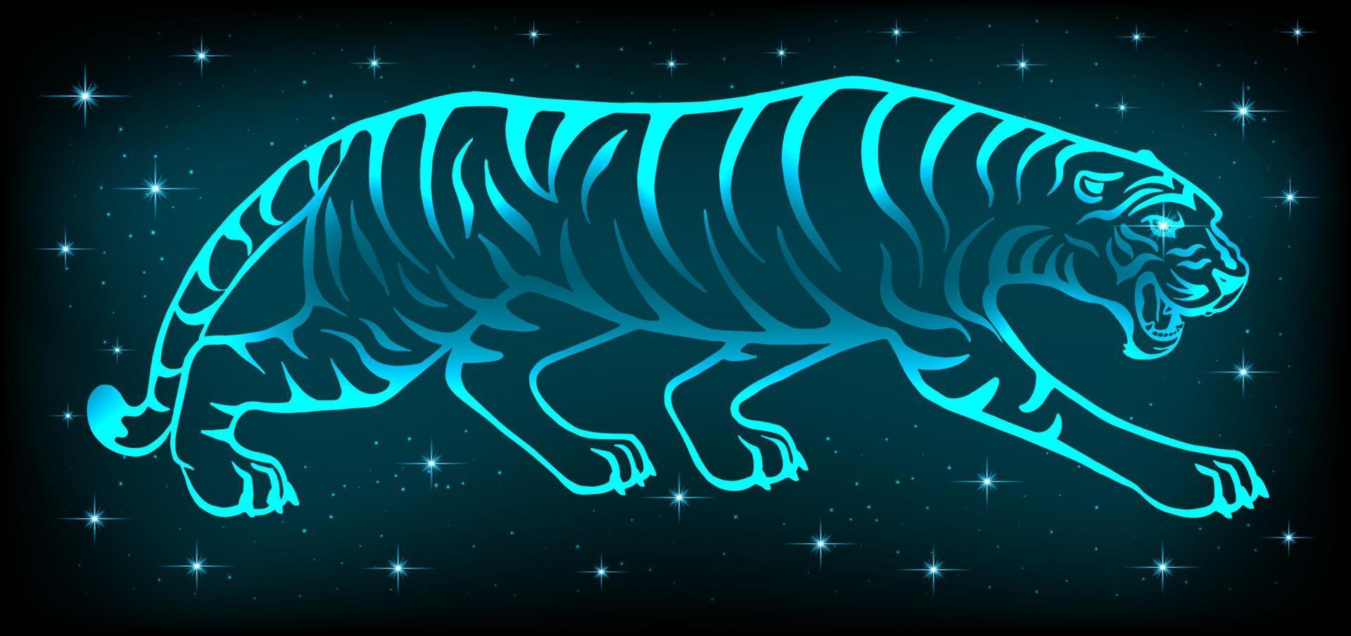 Neon Tiger 2022. Symbol des neuen Jahres nach dem östlichen Kalender. helles wildes Raubtier auf dunklem Hintergrund. für Postkarten, Kalender für Weihnachten. Vektor. vektor