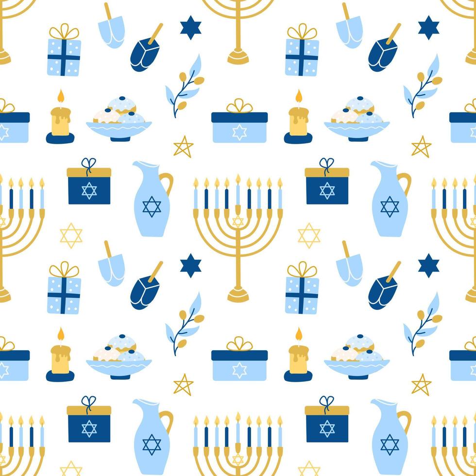 Hanukkah vektor seamless mönster. olika föremål för judiska festivalen av ljus i platt stil