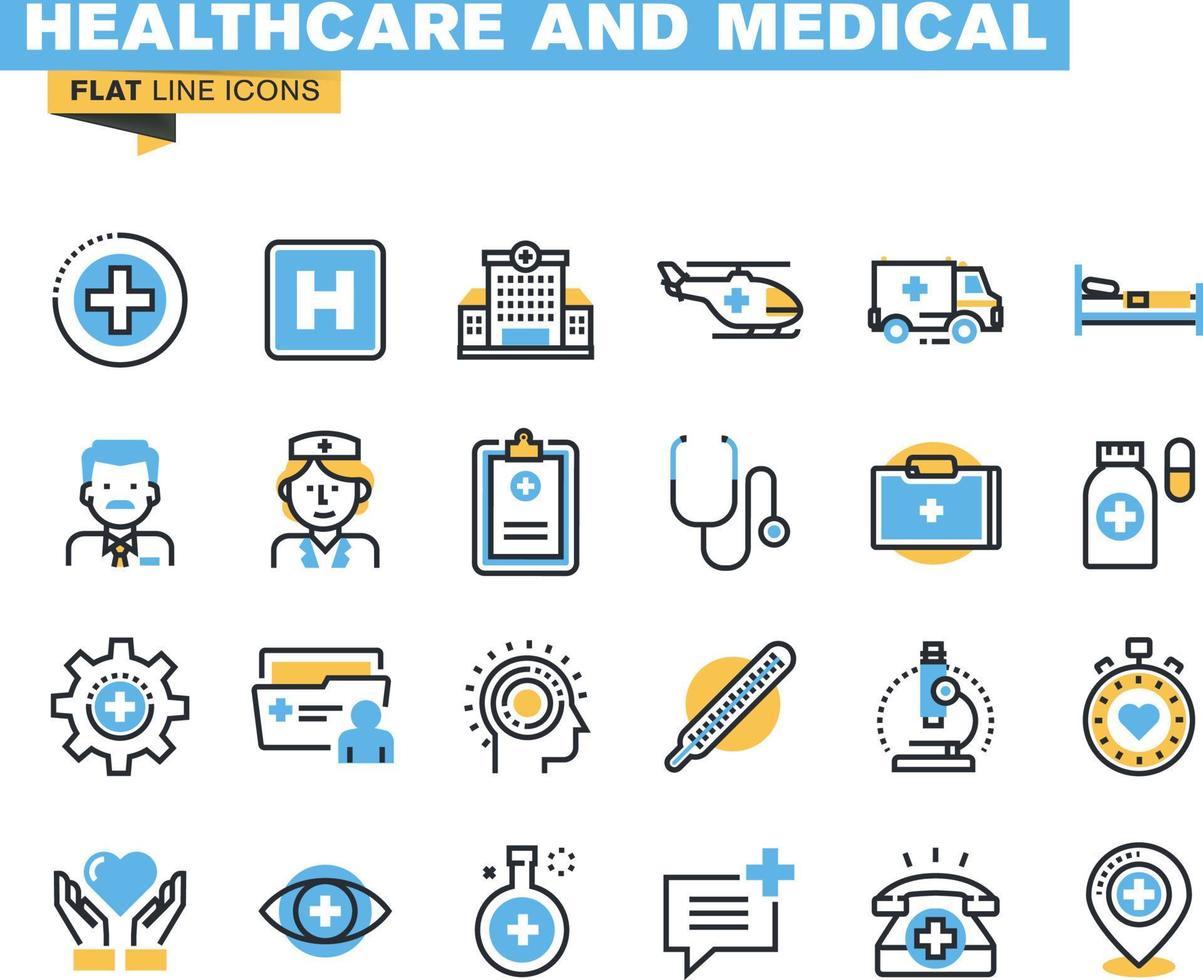 flache Liniensymbole für Gesundheits- und Medizinthemen, medizinische Dienste, Diagnose und Behandlung, Labor, Klinik und Krankenhauseinrichtungen. vektor