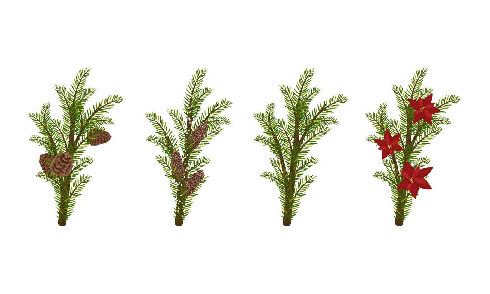 uppsättning av grön julgran eller tall grenar med bruna kottar och röd julstjärna blomma. festlig inredning för nyår, element för design julkrans på dörren. platt vektor illustration