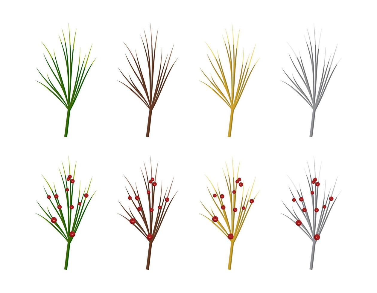 uppsättning av bruna, gröna, silver och guld gran nålar eller gren med röda bär för dekoration av nyår, jul, semester och designelement. platt vektor illustration