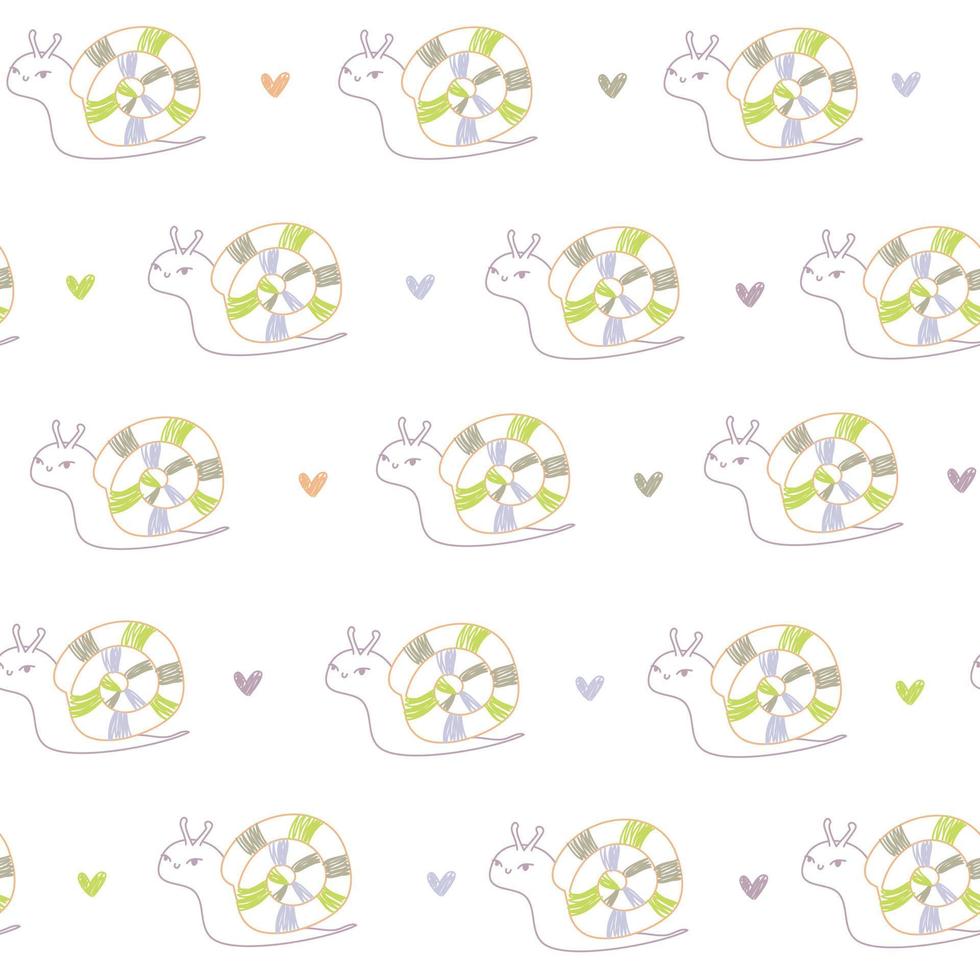 Süßes Doodle Baby bunte Schnecken weißes nahtloses Muster minimalistische handgezeichnete Herzen. Sommertextur, Textilien, Kindertapete. vektor