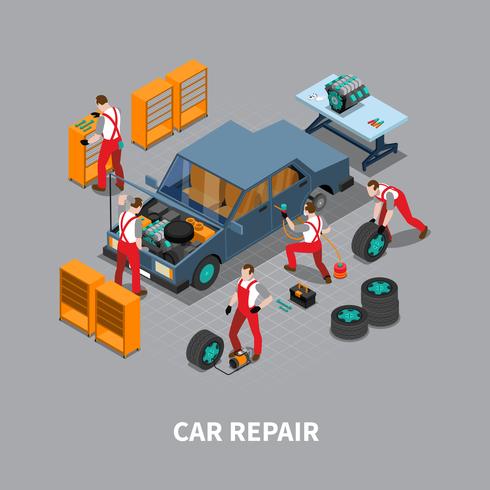 Autoreparatur Auto Center Isometrische Zusammensetzung vektor