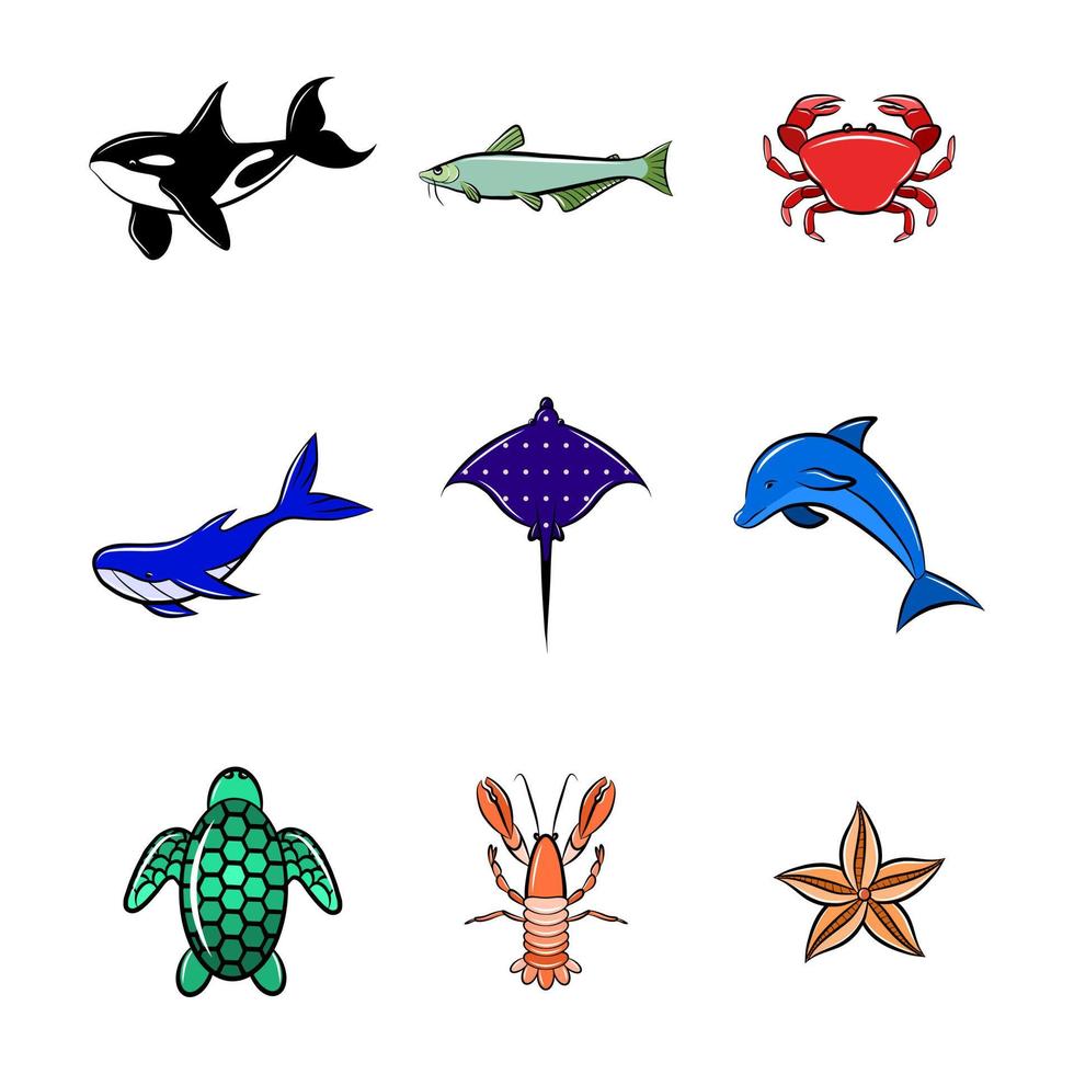 hav invånare tecknad film ikonuppsättning isolerad vektor klistermärke ClipArt hav djur fisk delfin haj sjöstjärna valsköldpadda krabba räkor platt färgglad grafisk emblem