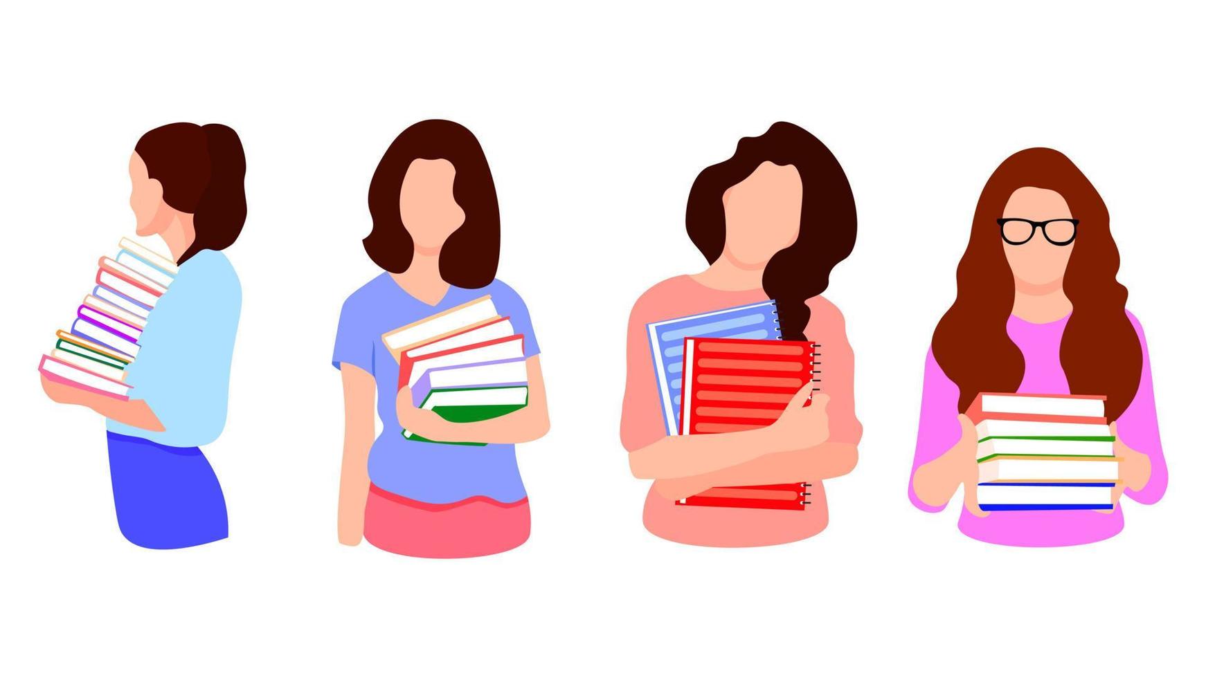 Frau mit Büchern eingestellt. isolierte Zeichensymbole im flachen Stil. ausbildung student lehrer bibliothek person. vektor
