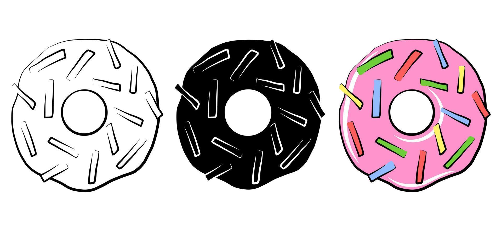 Donut isolierte Icon-Set. Vektor-Süßigkeiten-Illustration. Logo Bäckerei Gestaltungselement. Menügrafik Zuckernahrung. Cartoon, flache Doodle-Zeichnung Umriss-Skizze-Stil. monochromer Emblemdruck. einfaches Frühstück. vektor