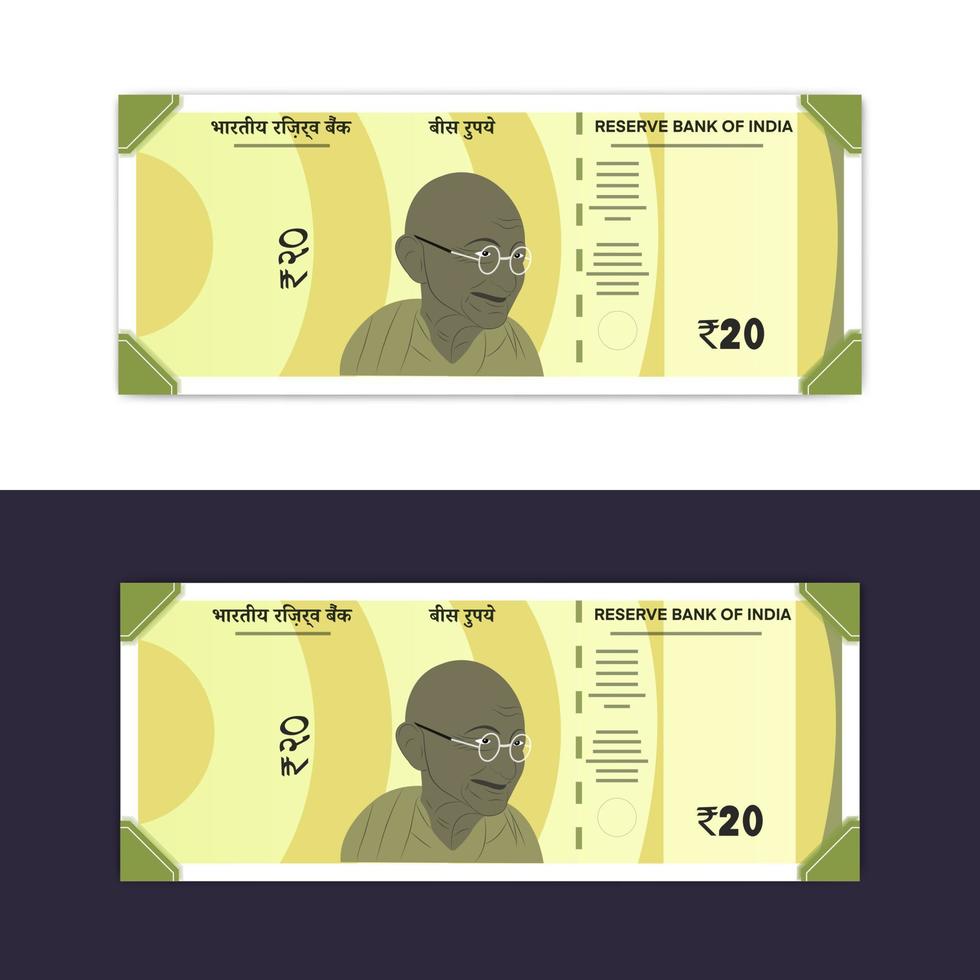 Indien nya 20 rupier sedlar i vit bakgrund vektor