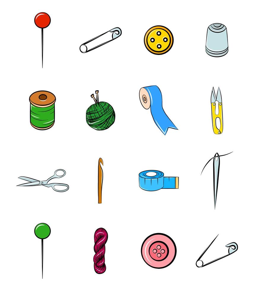 handgemachte nähwerkzeuge icon set cartoon vektor clip art grafische elemente nadel garn haken schere band knopf stift roulette