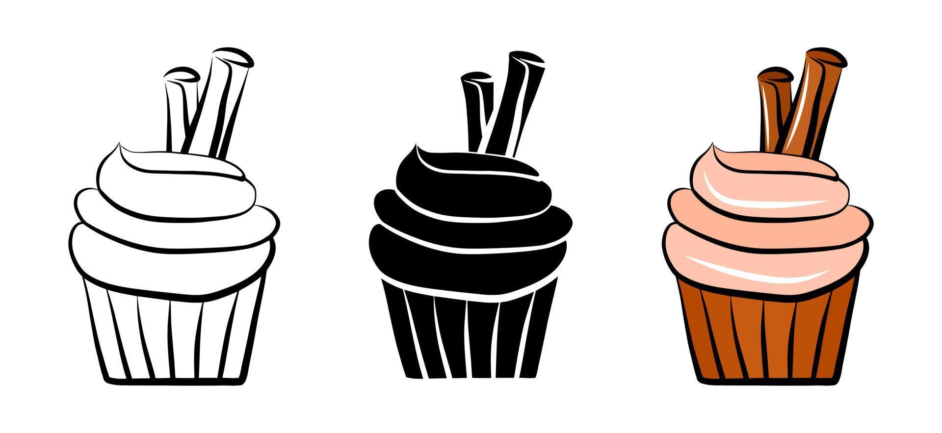 cupcake isolerade Ikonuppsättning. vektor sötsaker illustration. logotyp bageri designelement. meny grafisk sockermat. tecknad, platt doodle ritning kontur skiss stil. monokromt emblemtryck. enkel frukost