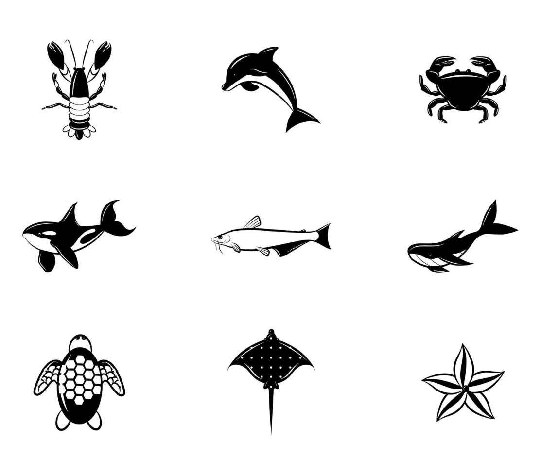 Meeresbewohner Logo Icon Set Emblem ClipArt Grafik Tier Garnelen Krabben Fisch Delphin Hai Stern Ozean Schildkröte Wal flache schwarze Aufkleber Sammlung isoliert auf weiß vektor