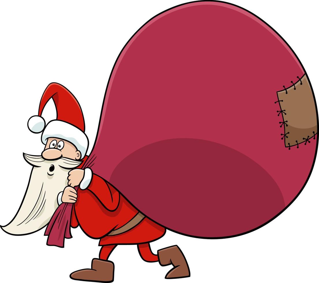 tecknad jultomte karaktär med stor säck med julklappar vektor