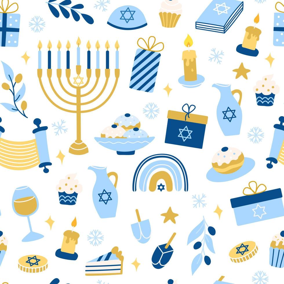 Hanukkah vektor seamless mönster. olika föremål för judiska festivalen av ljus i platt stil