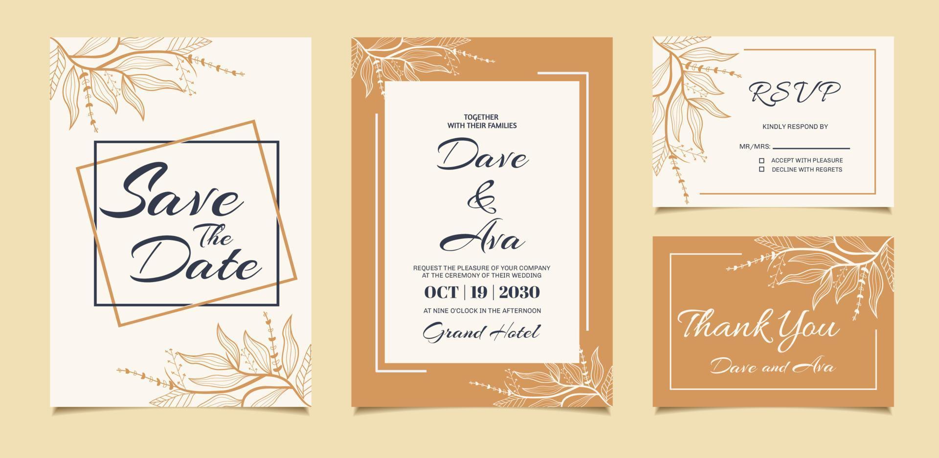Hochzeitseinladungskartenschablone mit eleganter Blumenverzierungslinie Kunst. Speichern Sie das Datum, die Einladung, die Rsvp, die Dankeskarte, den weißen und braunen Hintergrund. vektor