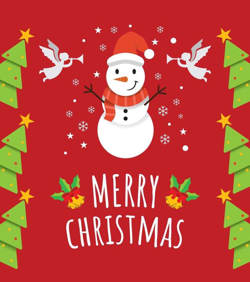 söt hälsning god julkort med söt snögubbe i röd bakgrund. vektor
