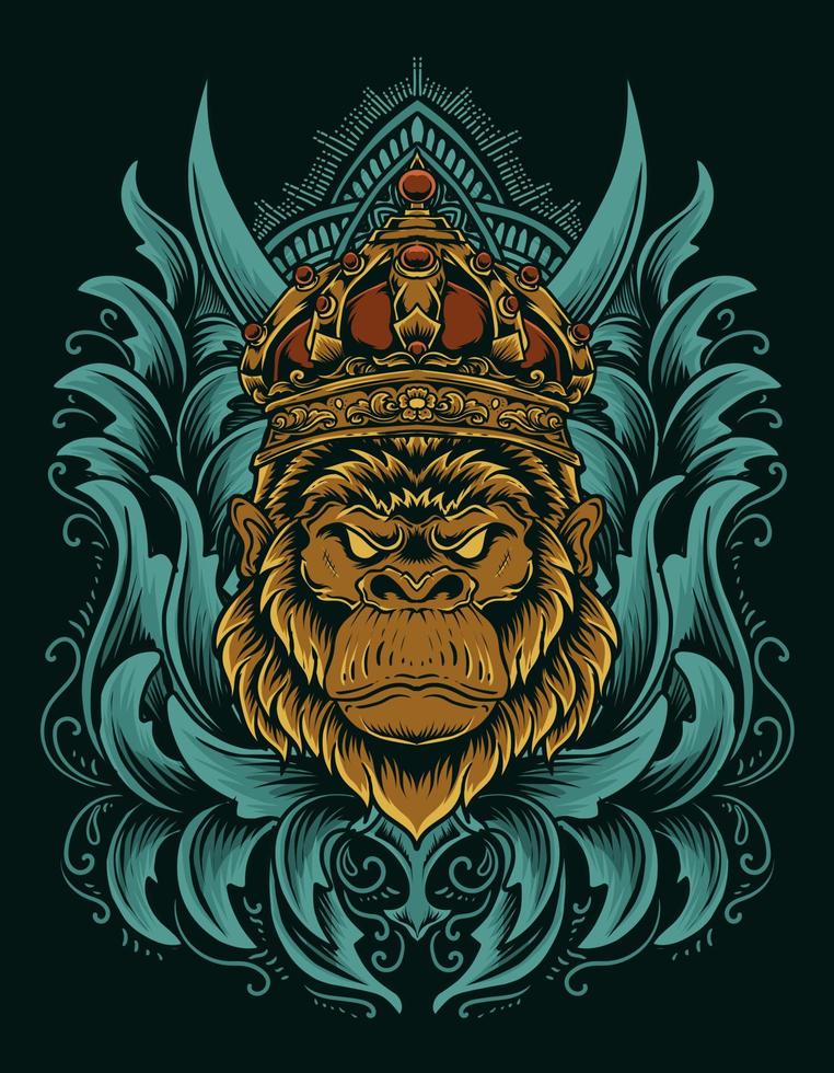 Illustration Vektor Gorilla König mit Gravur Ornament