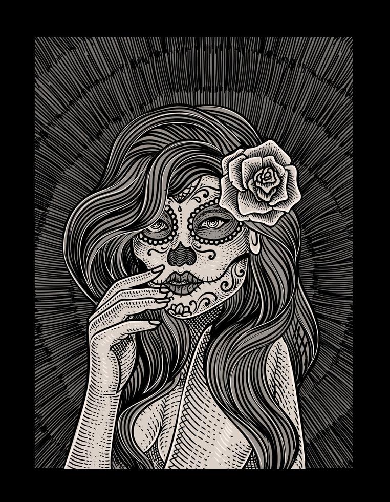 illustration sugar lady skalle med gravyr stil vektor