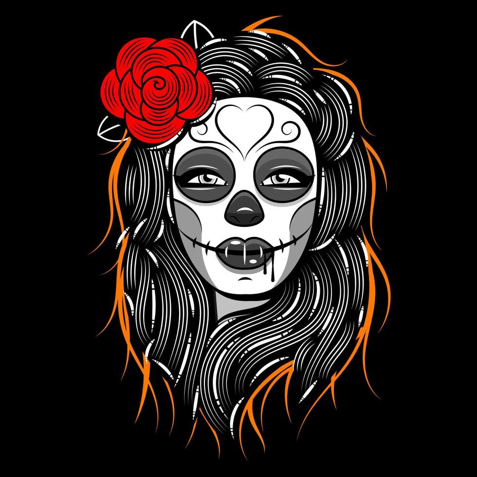 dia de los muertos, de dödas dag, mexikansk högtid, festival. affisch, banderoll och kort med make up av sockerskalle, kvinna med blomkrona. halloween koncept vektor