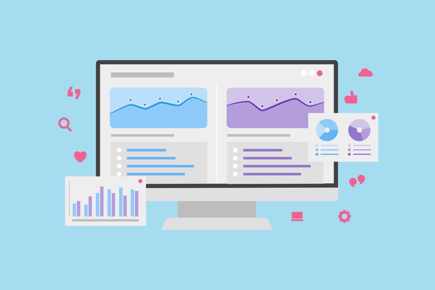 SEO-Suchmaschinenoptimierung mit Grafik- und Diagrammanalyse auf dem Computer-Desktop-Bildschirm mit modernem, flachem Stil vektor