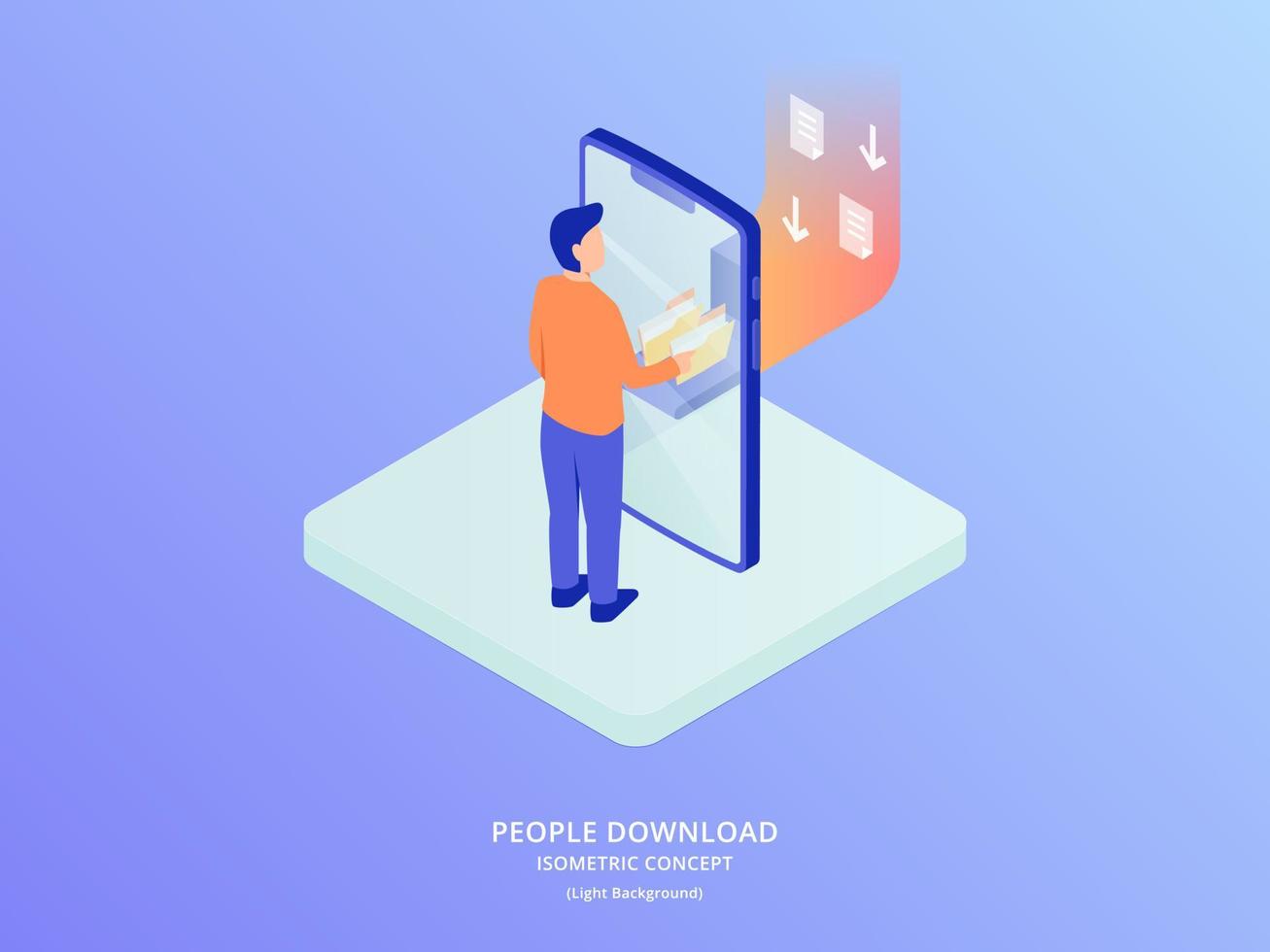 mobilt nedladdningskoncept med man som står och laddar ner innehåll via smartphone vektor