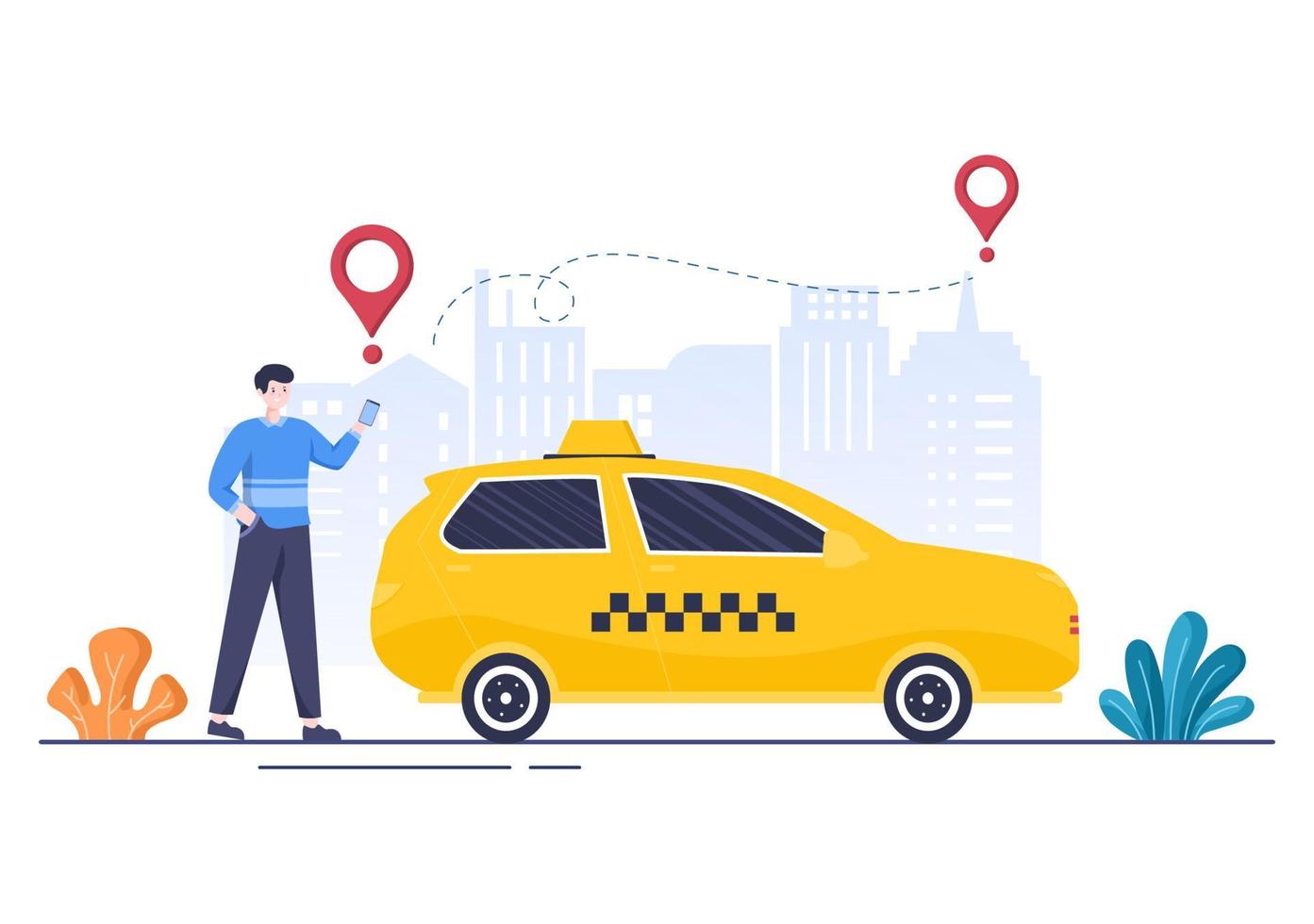 online taxibokning reseservice platt designillustration via mobilapp på smartphone ta någon till en destination som lämpar sig för bakgrund, affisch eller banner vektor