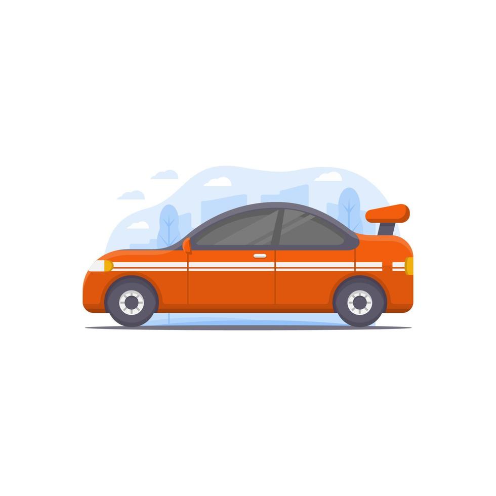 Vektorillustration eines Autos, das mit Stadtlandschaftsillustrationselementen als Hintergrund im Thema einer geparkten Rennwagenillustration verziert ist vektor