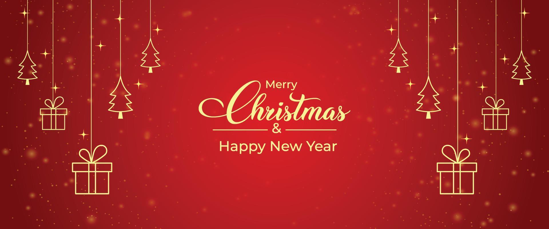 Weihnachtskarte mit goldener Geschenkbox, goldener Kiefernsymbol. glänzende rote Hintergrundweihnachtsfahne. Weihnachtsgeschenkkarte mit goldenen Symbolelementen und rotem Hintergrund. Design von Social-Media-Posts zu Weihnachten. vektor
