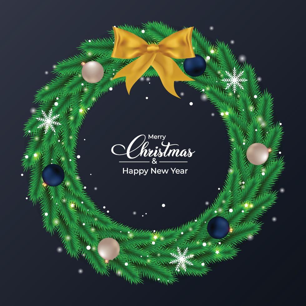 Weihnachtsgrünes Kranzdesign mit blauen und weißen Dekorationslichtkugeln. grünes Kranzdesign mit Lichtern und Schneeflocken. Weihnachtskranz-Design mit Kalligraphie und dunkelblauem Farbhintergrund. vektor