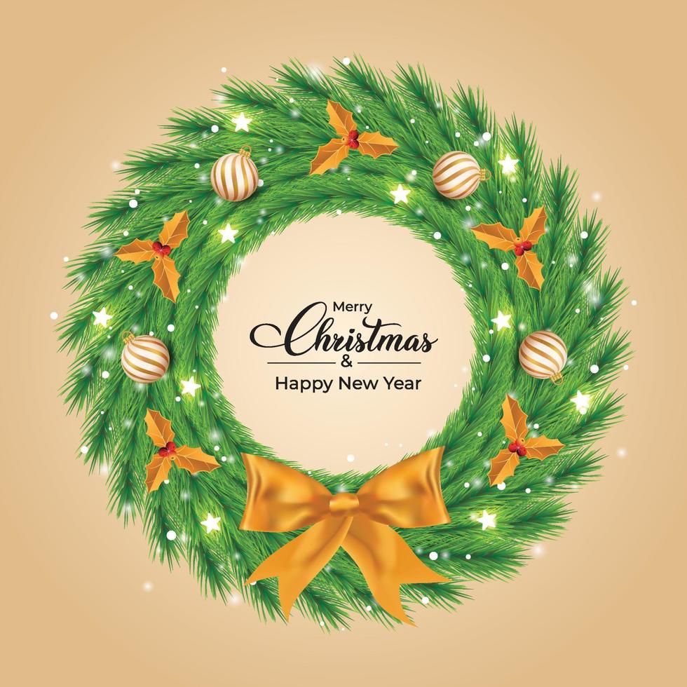 julkransdesign med vita och gyllene dekorativa ljuskulor. grön färg krans design med gyllene blad och ett band. jul krans design med kalligrafi vektor