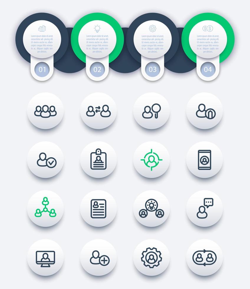 mänskliga resurser och ledning, affärsinfografik med linjeikoner vektor