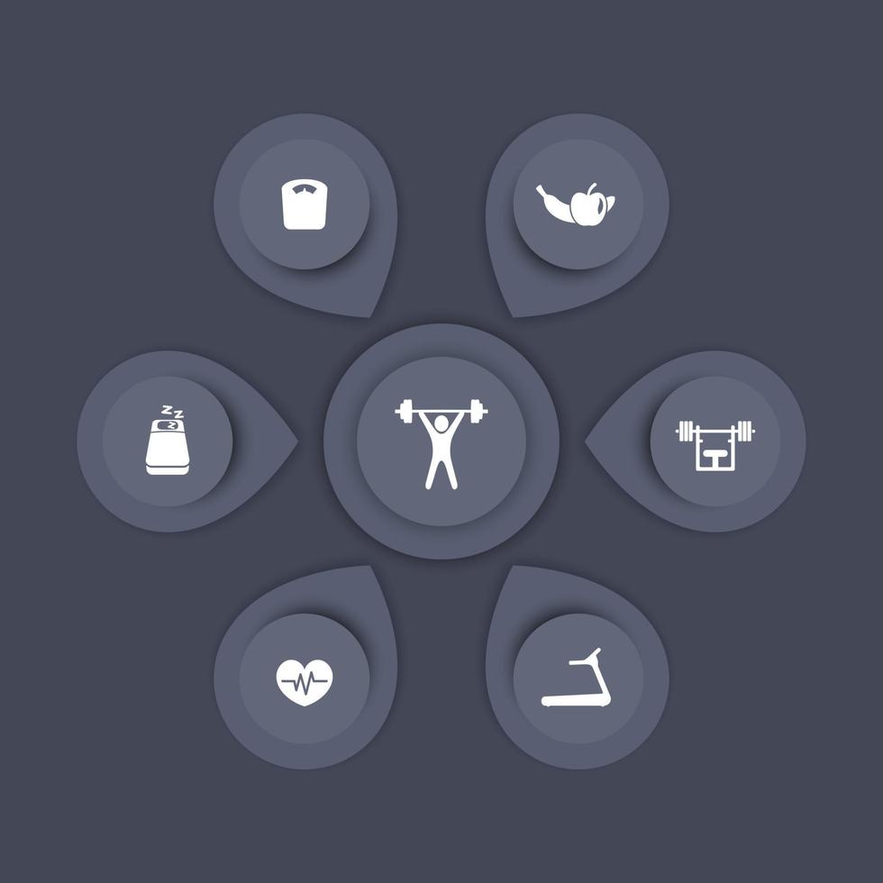 Aspekte des Fitnesstrainings, Fitness, moderne Symbole, Infografikelemente, graue Vorlage, Vektorillustration vektor