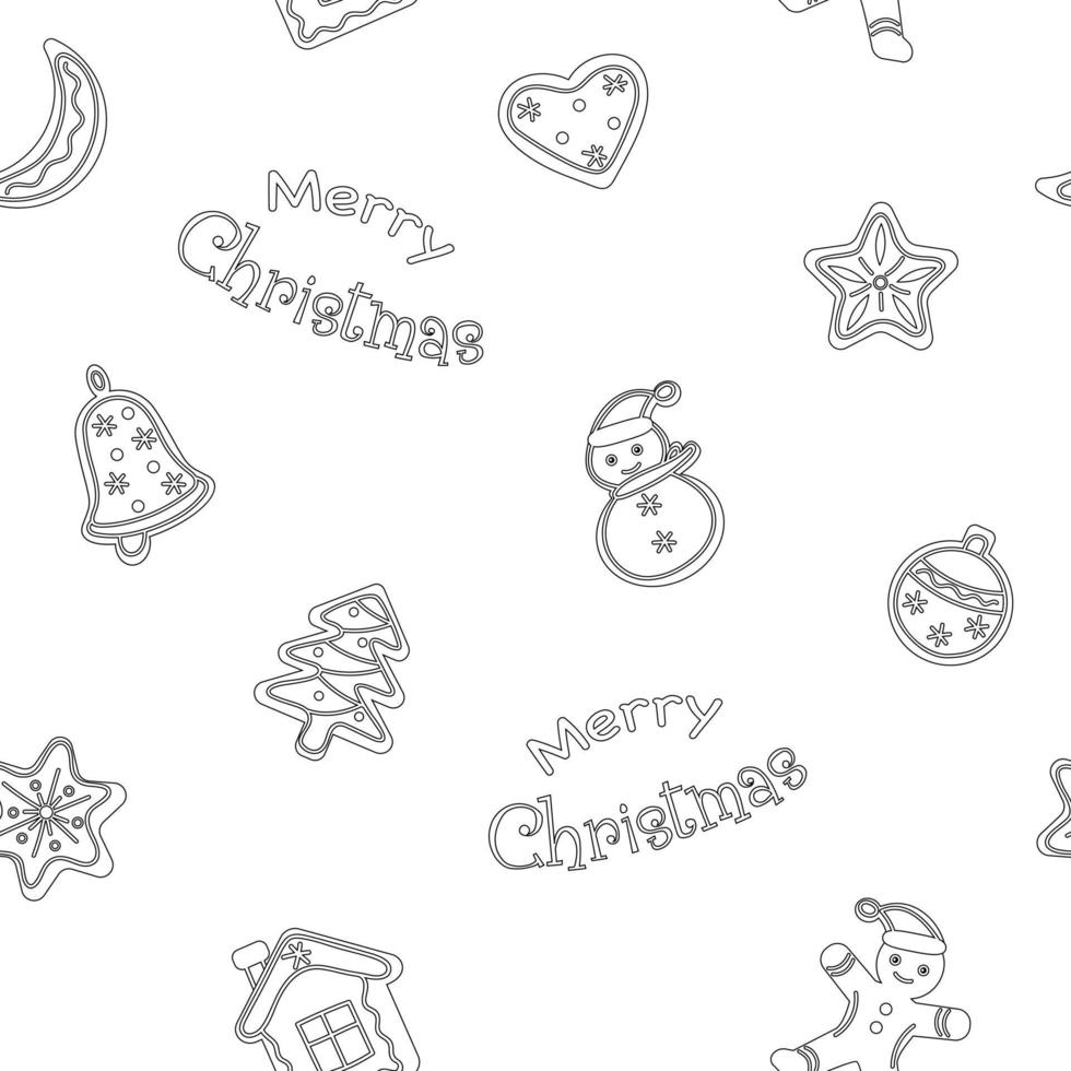 Lebkuchen und Inschrift Frohe Weihnachten nahtlose Muster. festlicher weihnachtshintergrund mit linienplätzchen. Lineart-Stil. Vektor-Illustration vektor