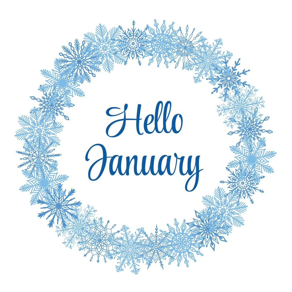vackra vintersäsong gratulationskort med text hej januari. jul, nytt året runt ram, krans med handritade blå snöflingor isolerad på vit bakgrund. vinter festlig formgivningsmall. vektor