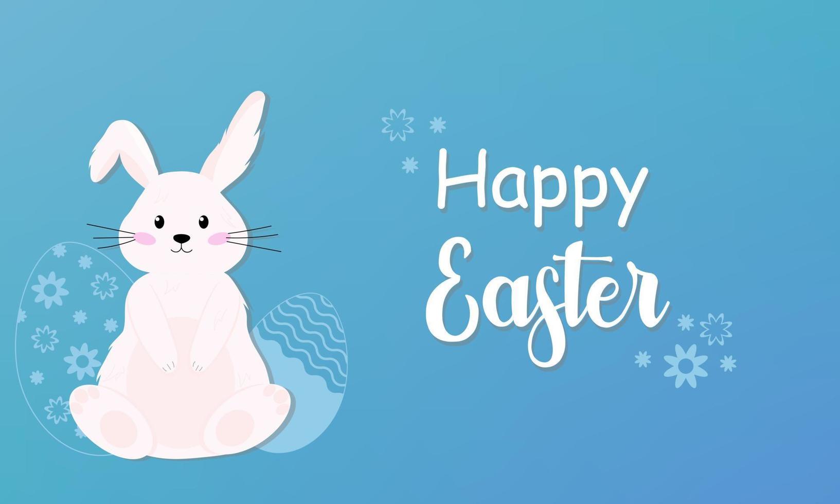 vit påskkanin och ägg. inskription glad påsk och söt kanin på blå bakgrund. vektor illustration