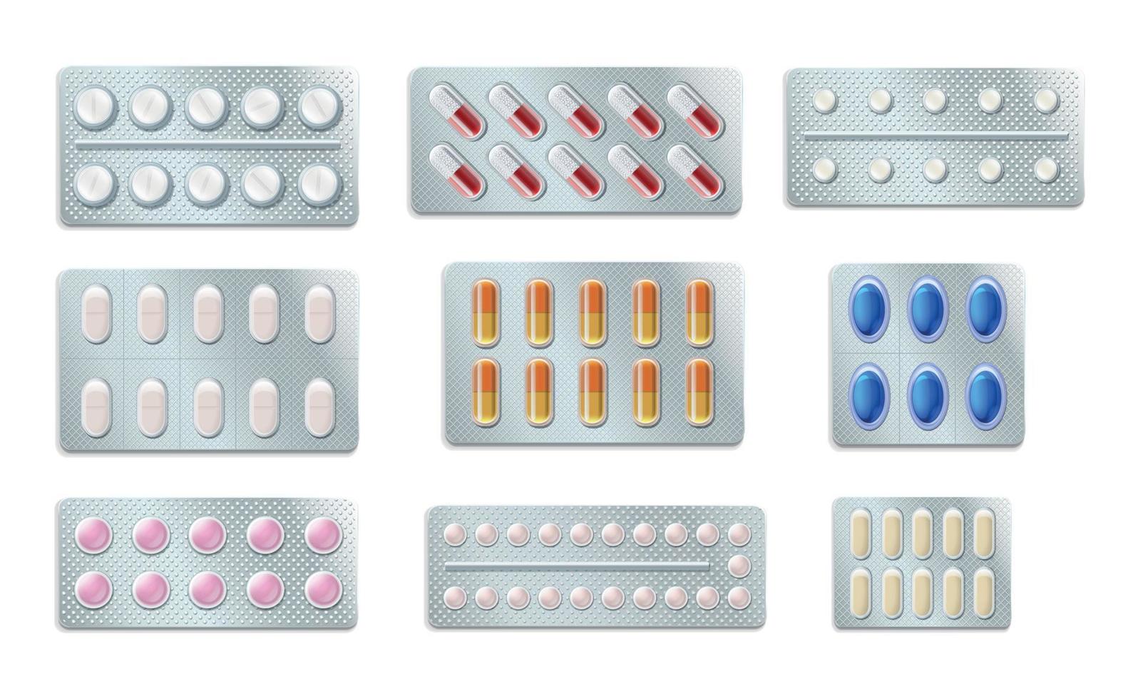 Pillen Tabletten Kapseln Blister realistische Icon-Set vektor