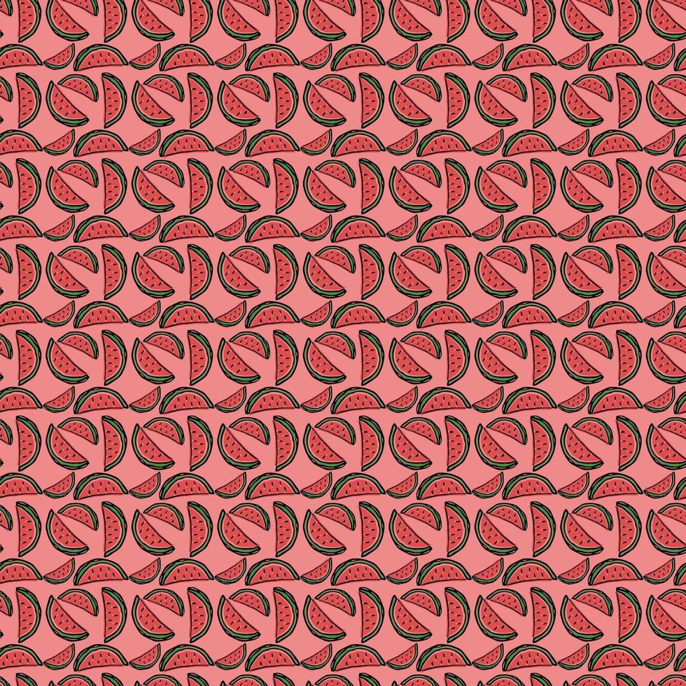 nahtlose Wassermelone-Vektor-Muster. farbiger Doodle-Vektor mit Wassermelonen-Symbolen auf rotem Hintergrund. Vintage Wassermelonenmuster, süßer Elementhintergrund für Ihr Projekt vektor