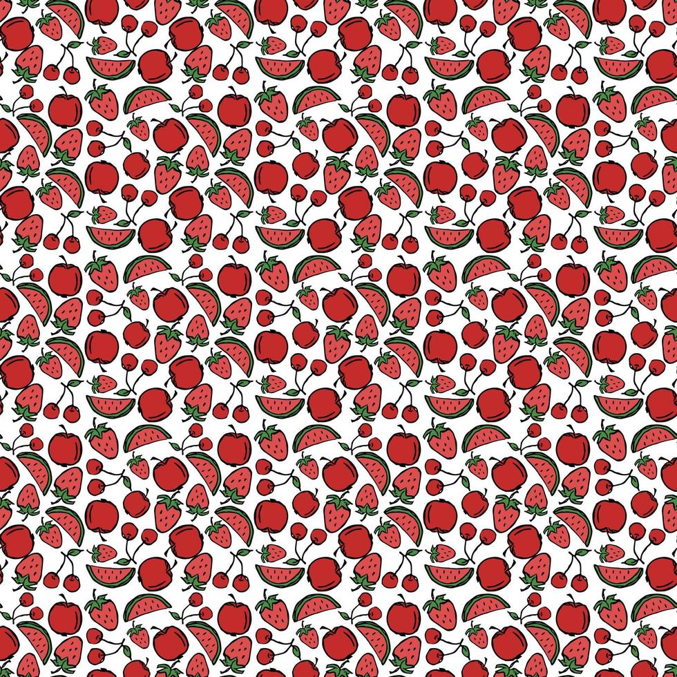 vektor äpple, körsbär, vattenmelon, jordgubbar ikoner. färgade sömlösa mönster med röda matikoner