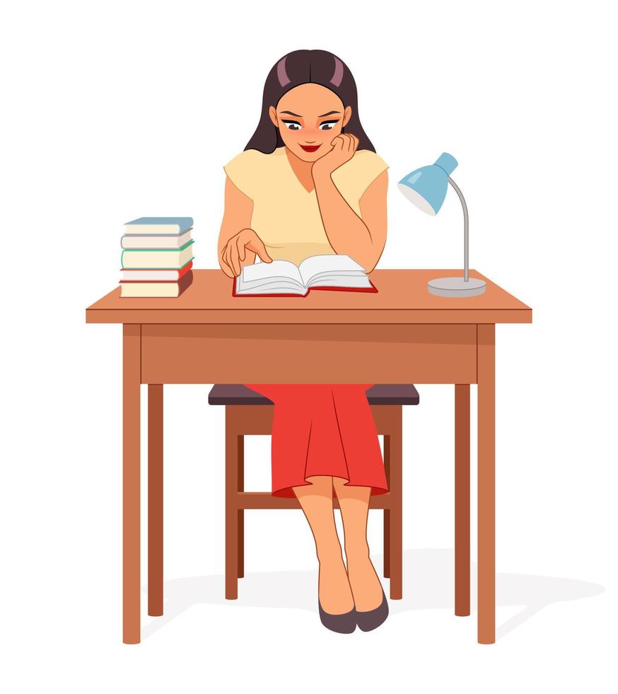ung kvinna sitter vid skrivbordet och läser böcker. studentflicka som studerar eller förbereder sig för ett prov. vektor illustration isolerad på vit bakgrund.