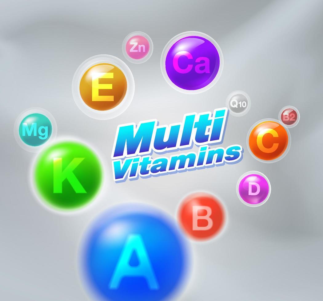 Multivitamin-Mineralien-Komplex-Kapsel mit Vitamin-Arzneimitteln zur Gesundheitsförderung, Behandlung, Verpackung und Verwendung als medizinische Illustration. vektor